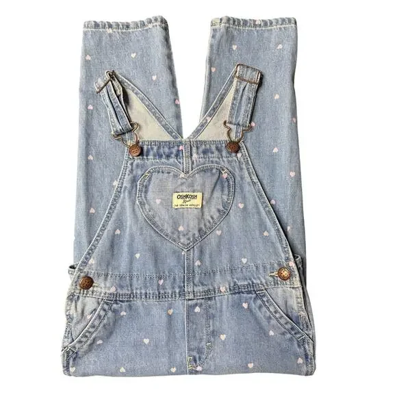 OshKosh B'gosh Pink Hearts Denim Overalls Size 5T - Picture 1 of 11
